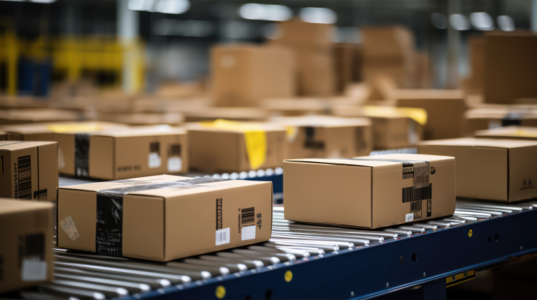 Cardboard boxes on a conveyor belt at a third party logistics warehouse.